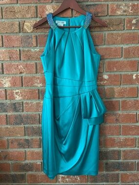 Kay Unger Teal Beaded Halter Satin Formal Dress